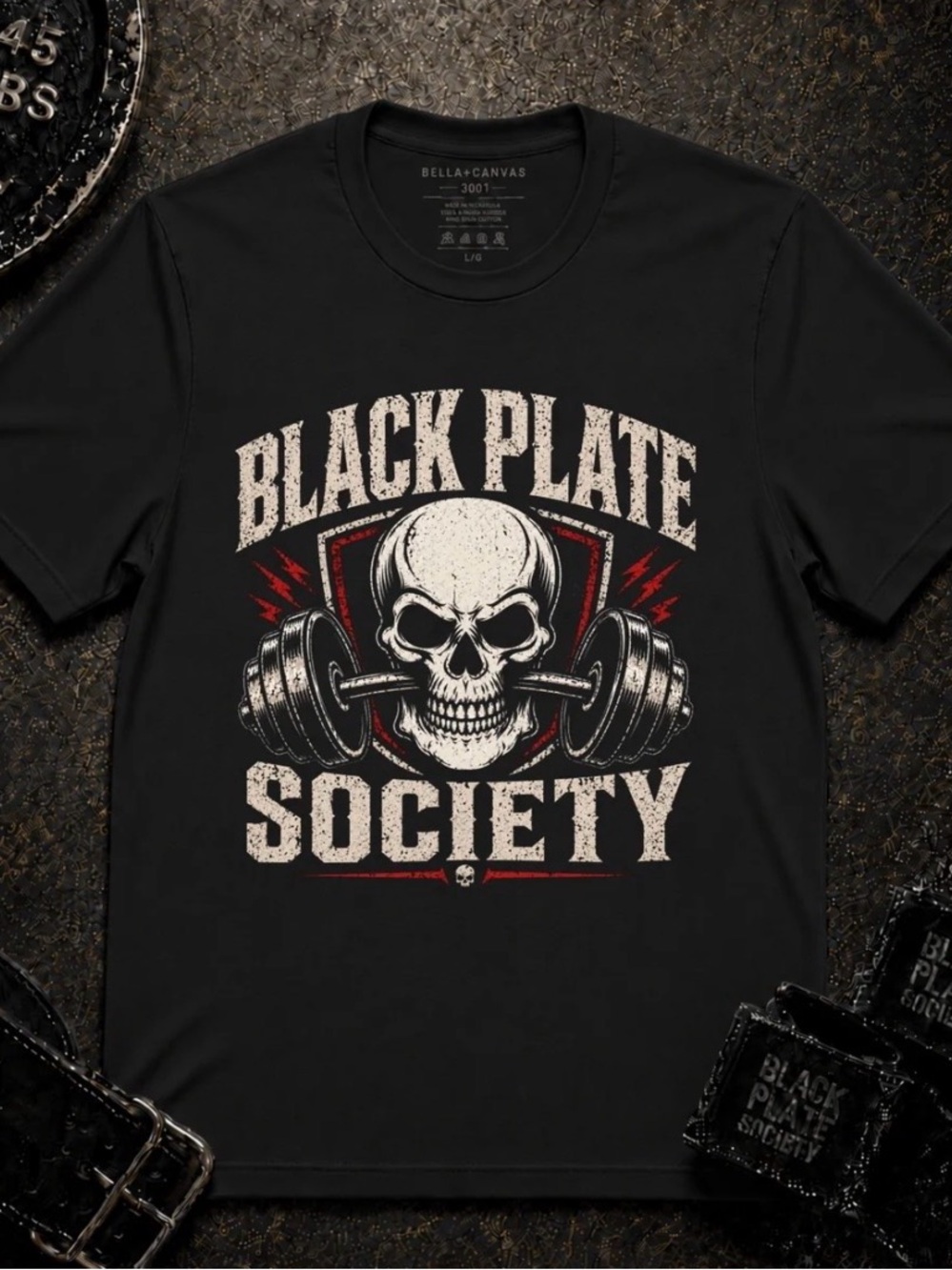 Bella Canvas Black 'Black Plate Society' Skull & Barbell Graphic Tee